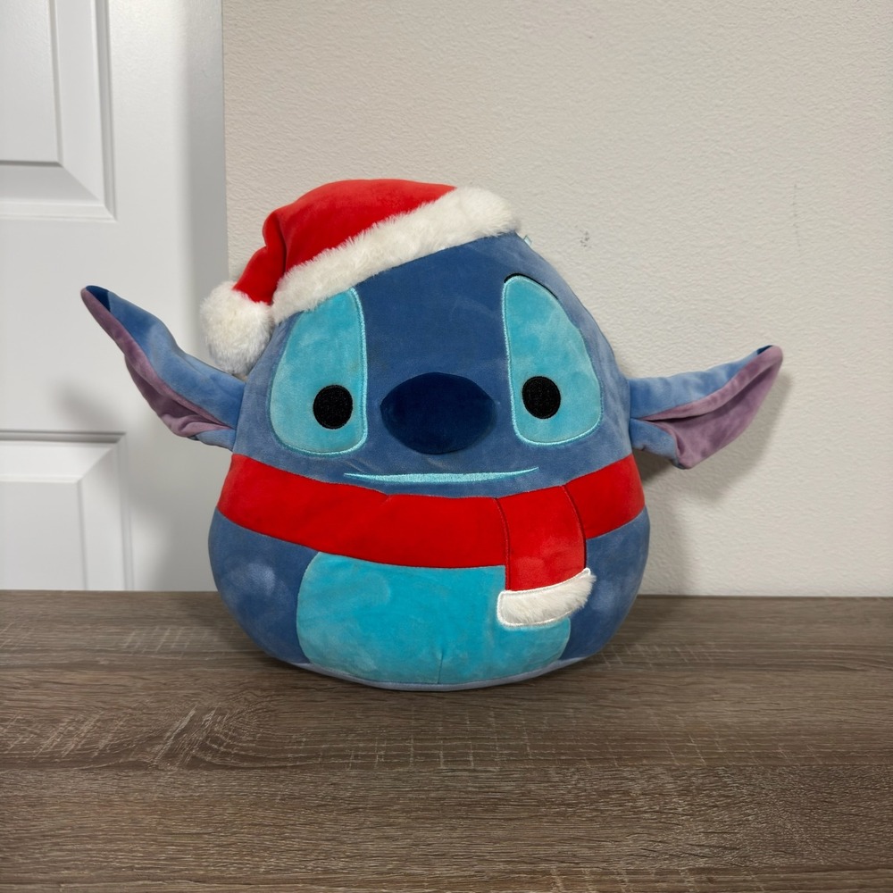 Disney Squishmallows Stitch Holiday Santa Hat Scarf Plush Kellytoy Blue 12 Inch